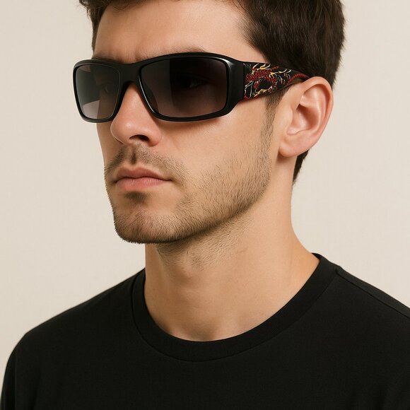 Y2K Streetwear Black Dragon Print Wrap Sunglasses Unisex - Picture 1 of 8